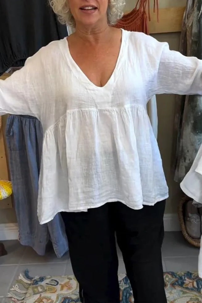 Women's Cotton And Linen Deep V-neck Solid Color Loose Top