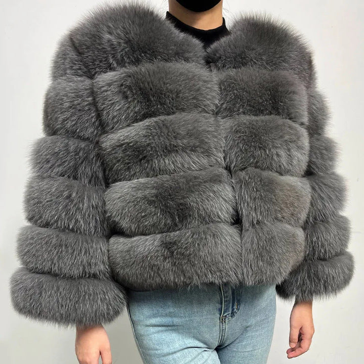 Coat Fox Fur Stitching Thickening Warm Long Sleeves Short