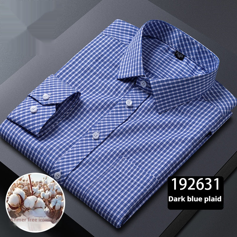 Men's Long-sleeved Plaid Middle-aged Business Square Collar Shirt