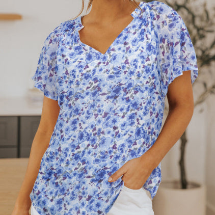 Blue Flutter Sleeve V Neck Floral Summer Blouse