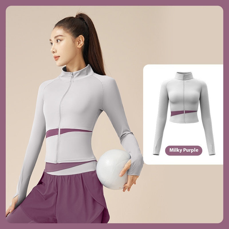 Peach Color Matching Sports Yoga Jacket Slim Stand Collar Workout Top