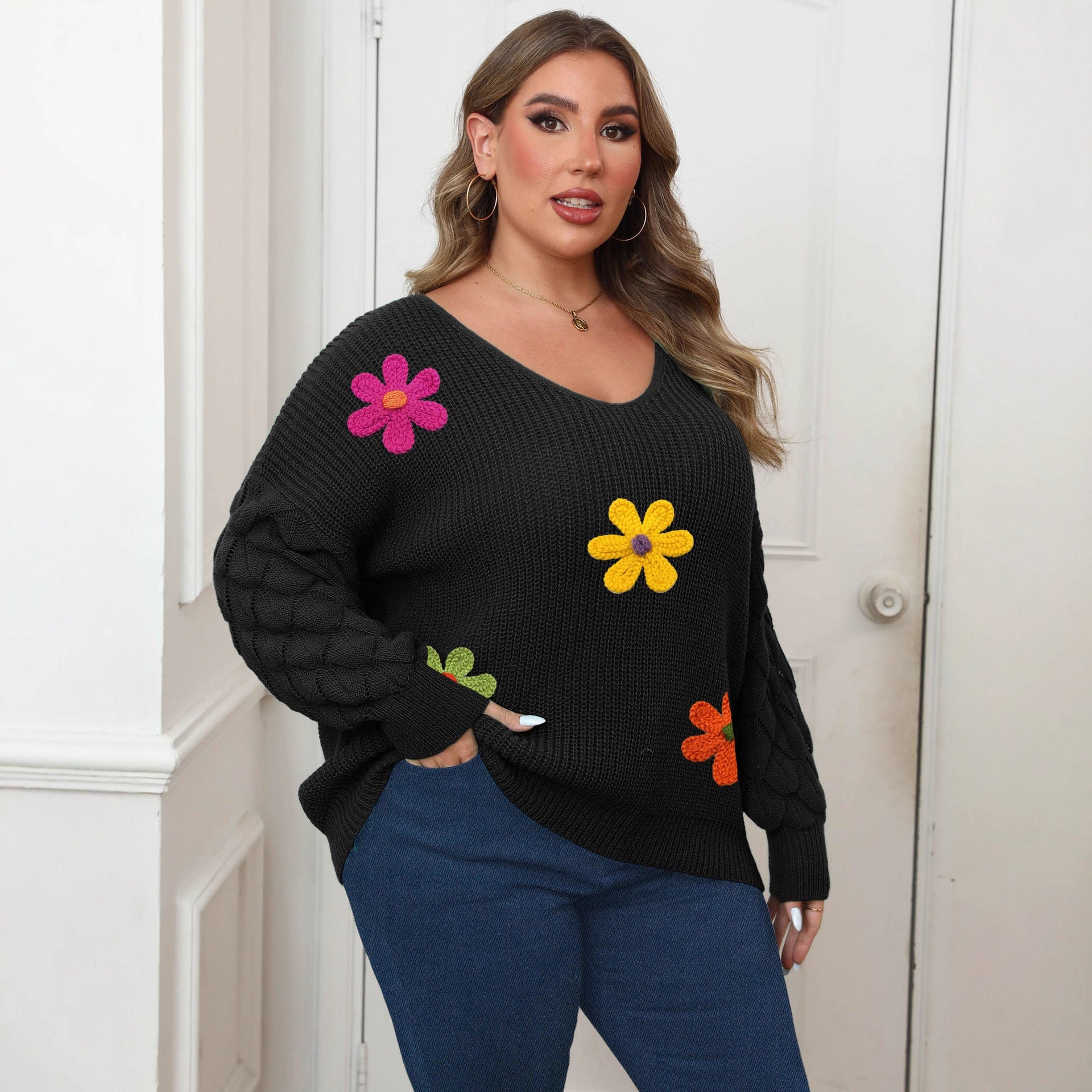 Plus-size Women's Sweater Pineapple Sleeve Patch Base Shirt 3D Wool Embroidery Flowers