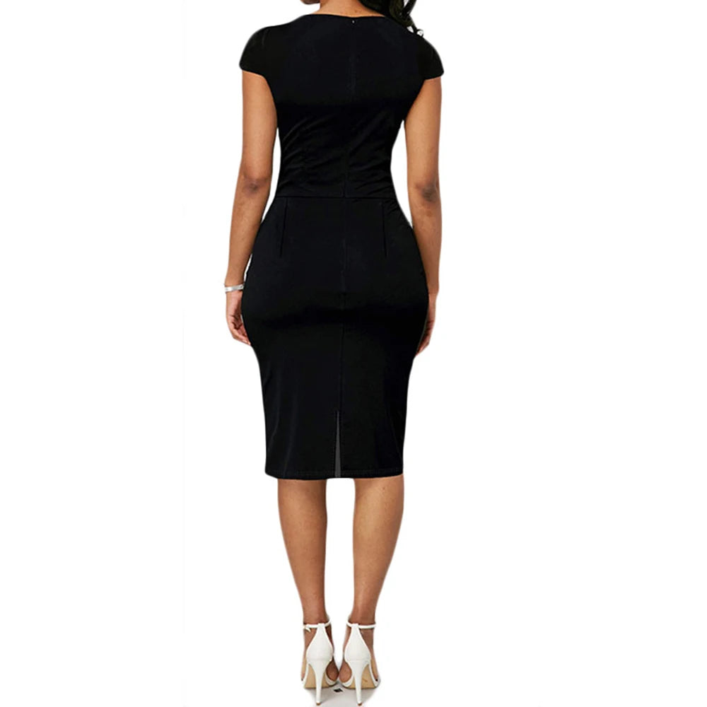 Elegante Patchwork Schwarz Weiß Kleid Frauen Sommer Oansatz Kurzarm Schlank Büro Dame Bleistift Bodycon Kleider Party Vestido