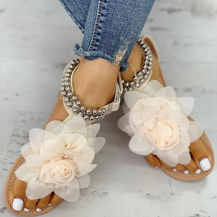 Large Size Flat Bottom Flower Sandals Bohemian Women's Beaded Fashion Comfortable Sandals