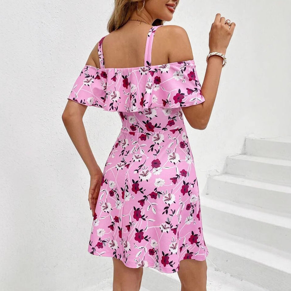 Flower Off-the-shoulder Strap Ruffled Birthday Event Dress