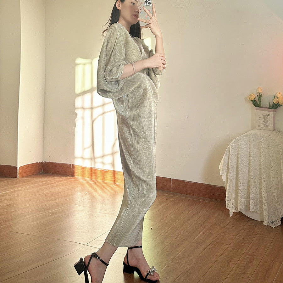 High-end Pleated Dress High-grade Metallic Luster
