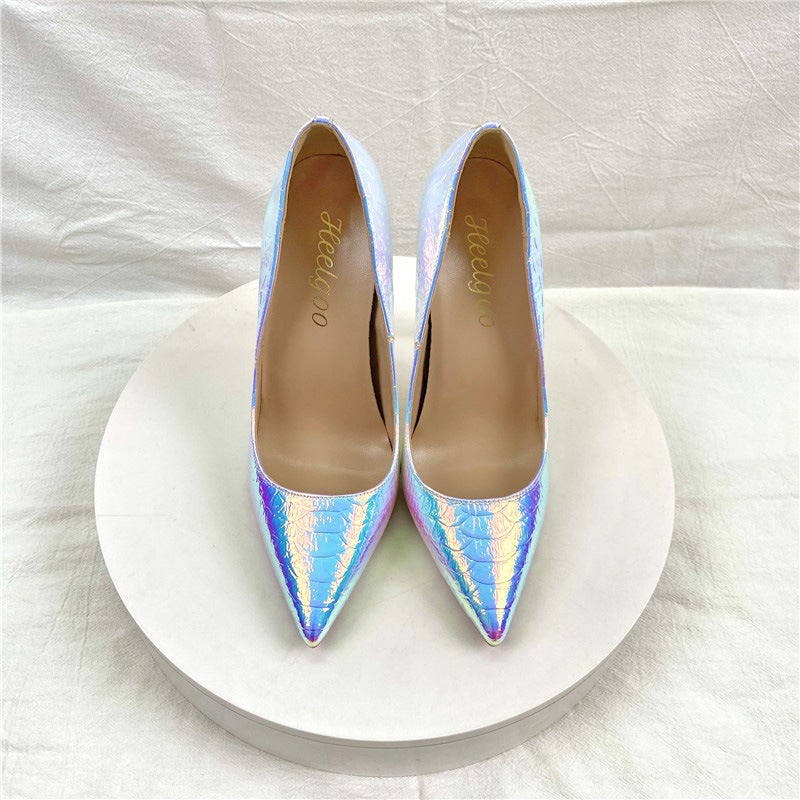 New Laser White Snakeskin High Heels 12CM Pointed Stiletto Heel