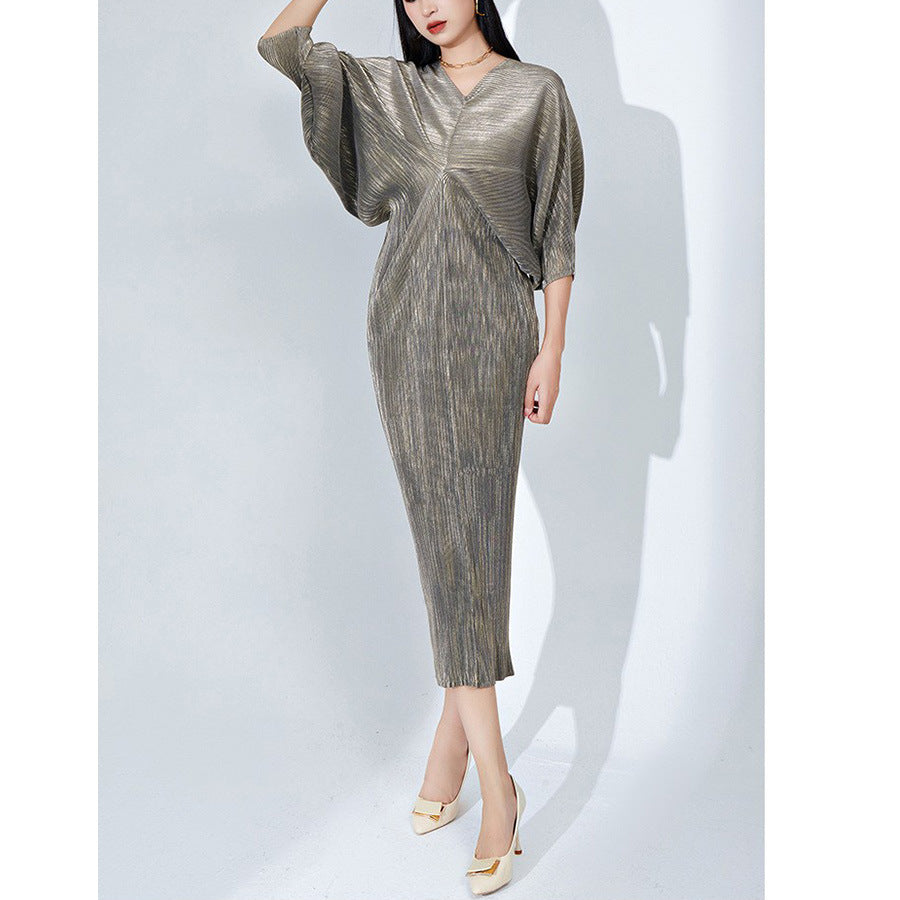 High-end Pleated Dress High-grade Metallic Luster