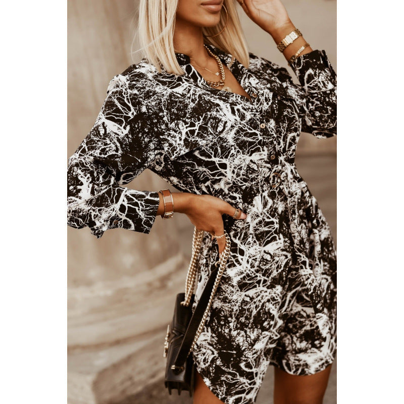 Autumn And Winter New Fashion Waist-controlled Tied Long Sleeves Printed Shirt Dress
