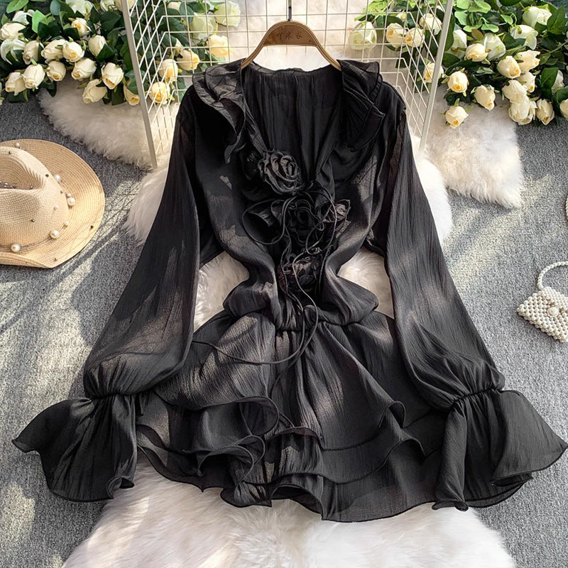 Women's Pure Color Ruffles French Style V-neck Short Skirt