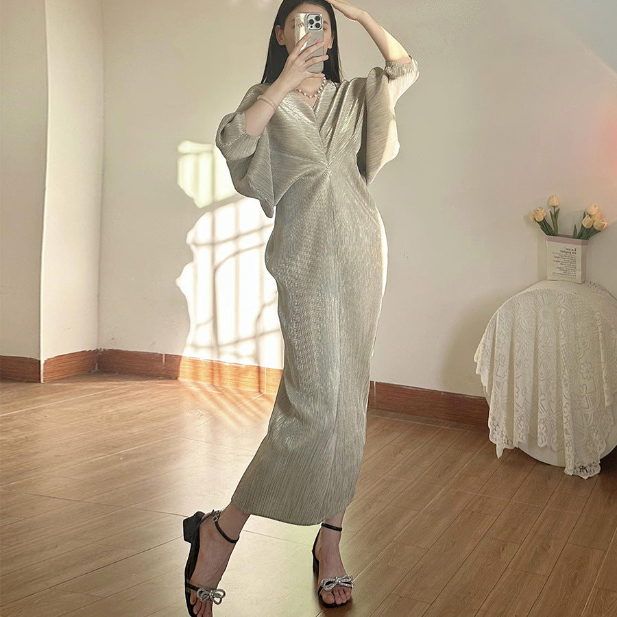 High-end Pleated Dress High-grade Metallic Luster