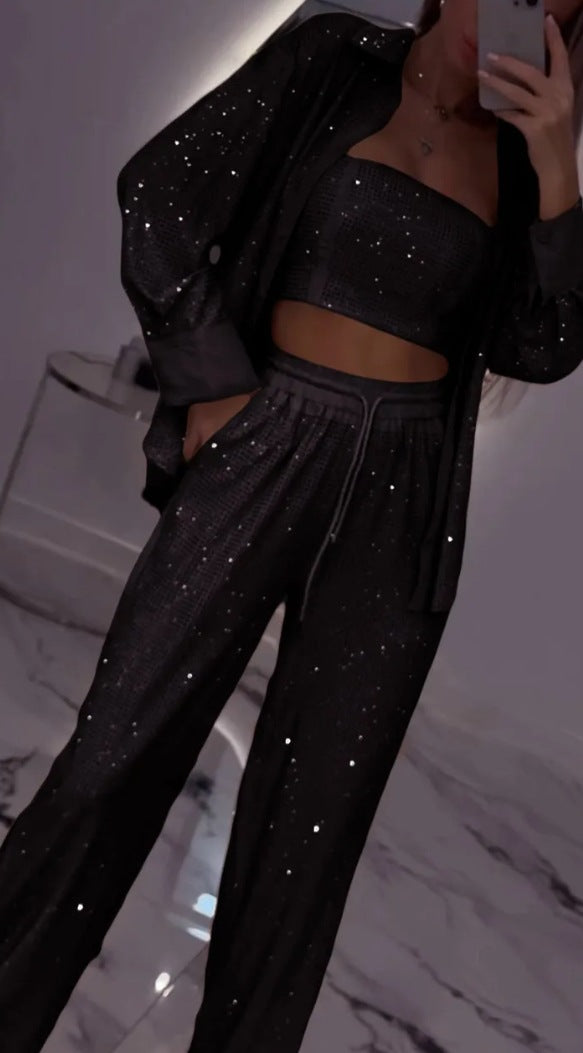 Loose Sequins Jacket Tube Top Three-piece Suit