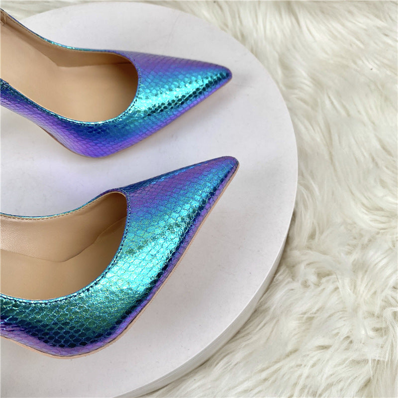New Blue Color Serpentine Lady High Heels 12CM Pointed Stiletto Heel