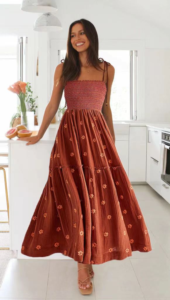 Smocking SUNFLOWER Embroidery A- Line Large Hem Dress