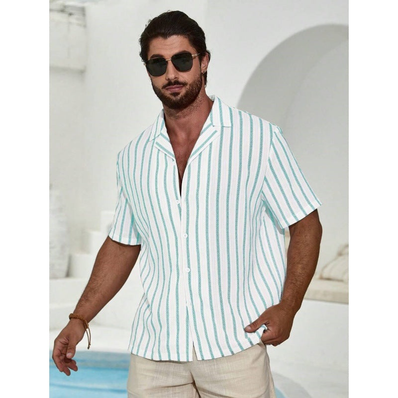 Geometric Contrast Color Striped 3D Digital Printing Short Sleeve Shirt