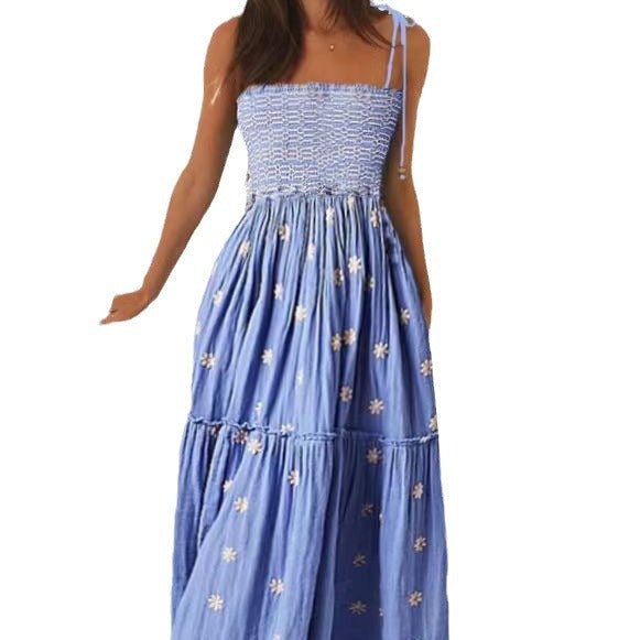 Smocking SUNFLOWER Embroidery A- Line Large Hem Dress