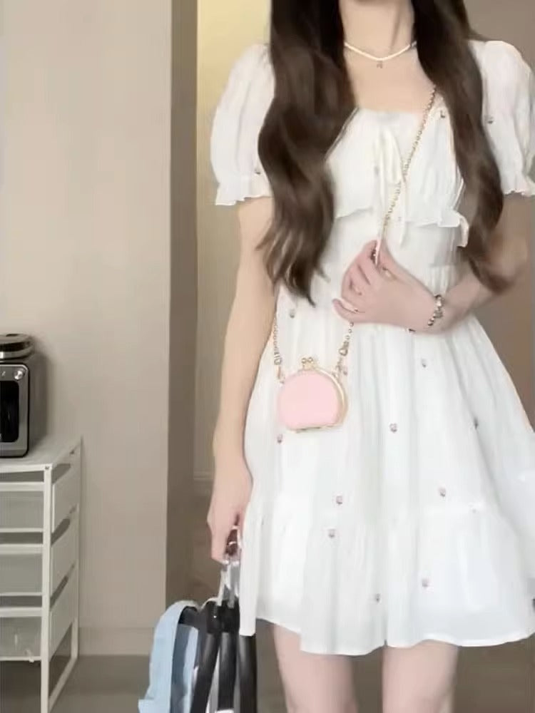 White Moonlight Short Sleeve Cinched Slimming Long Dress