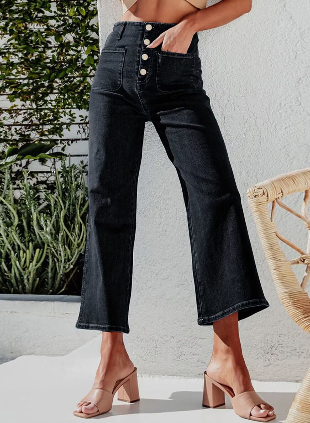 Retro Loose Straight Single Row Ornament High Waist Wide Leg Women's Jeans