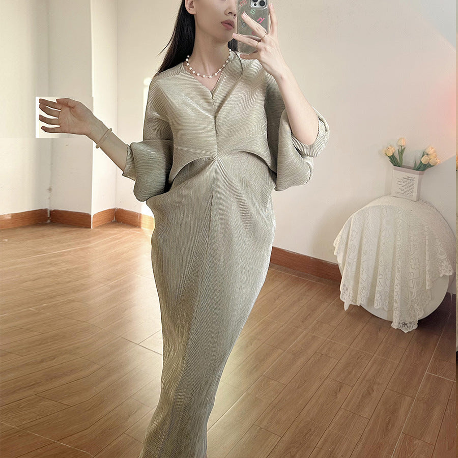 High-end Pleated Dress High-grade Metallic Luster