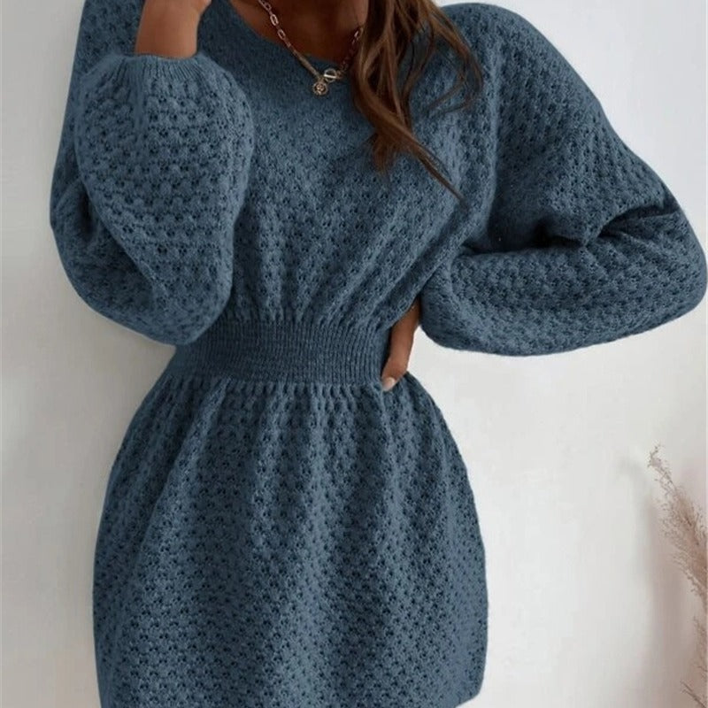 French Loose Round Neck Design Fitted Waist Sweater Knitted Dress