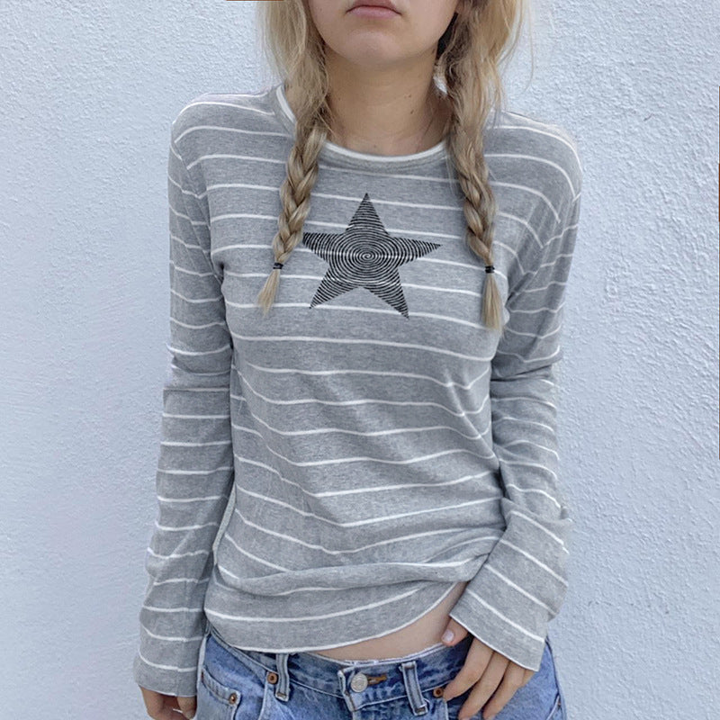 Street Striped Simple Commuter Style XINGX Contrast Color Long Sleeves Top