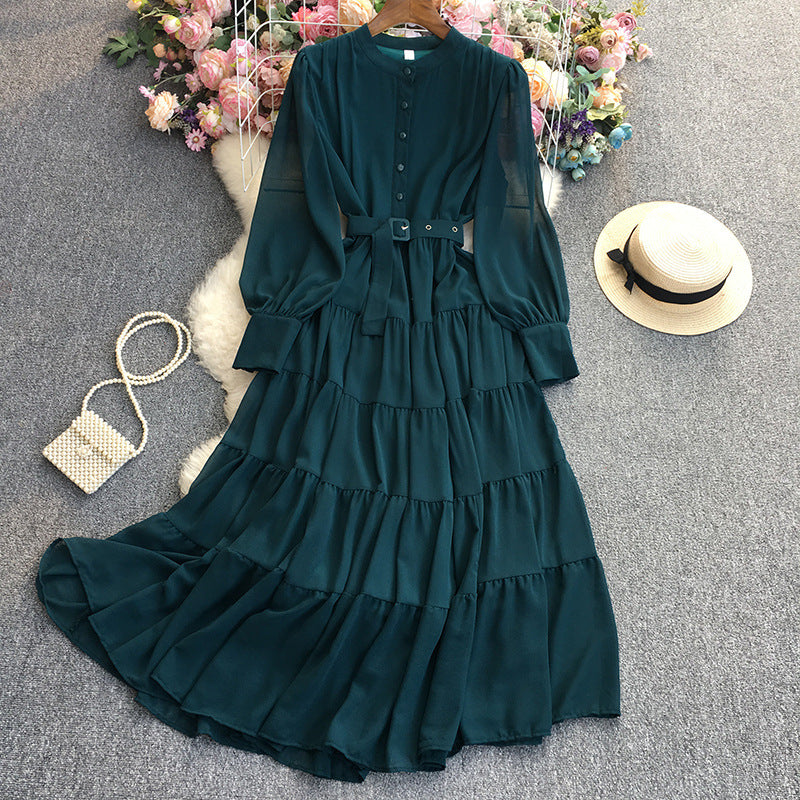 Solid Color Chiffon Long Sleeve Dress