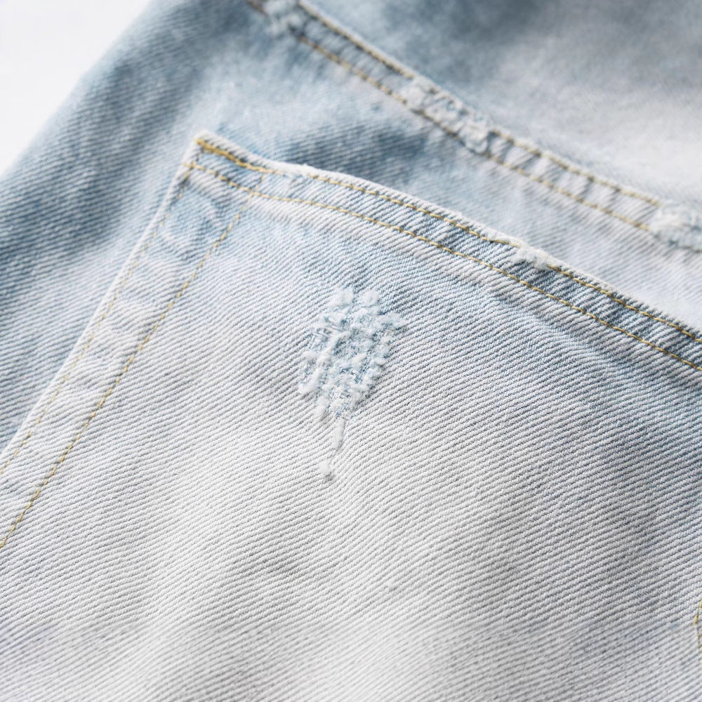Washed Worn Hole With Cat Whisker Denim Shorts