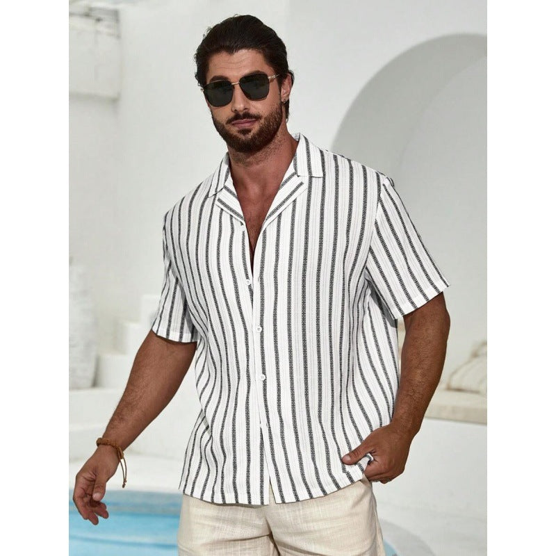 Geometric Contrast Color Striped 3D Digital Printing Short Sleeve Shirt