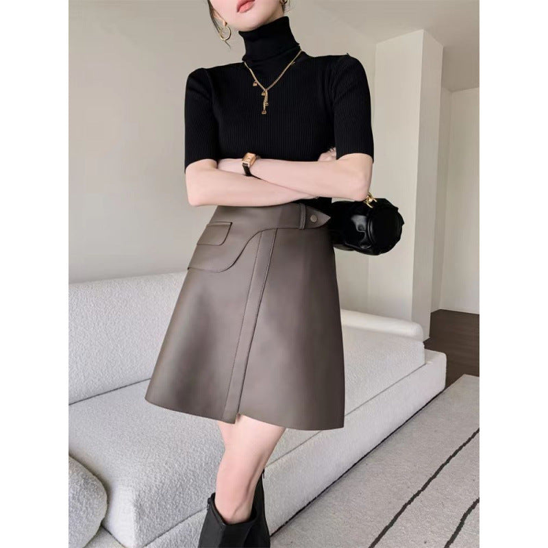 New Fashion Word Leather Skirt High Waist Slim Slimming Zipper Skirt Leather Temperament