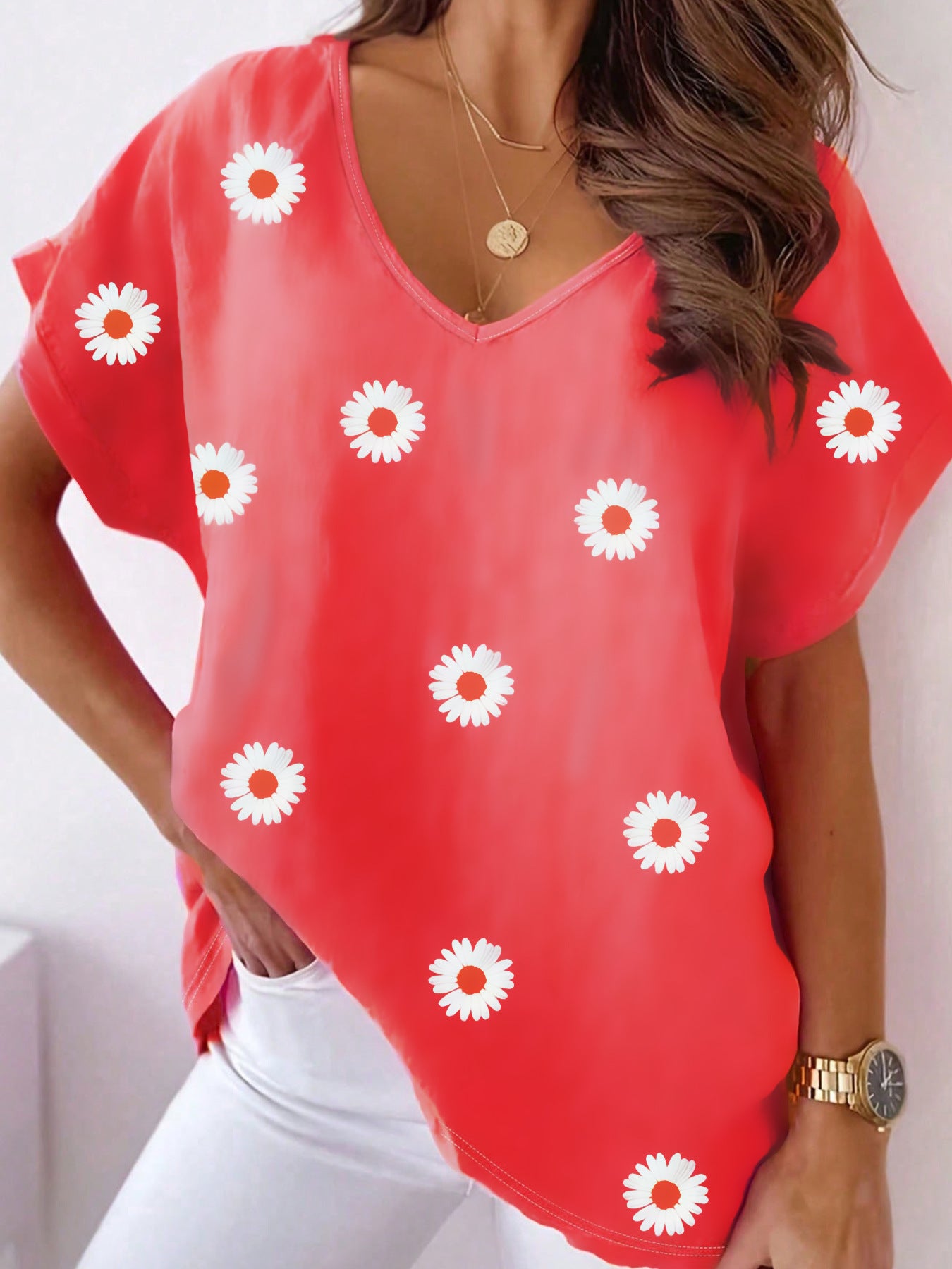 V-neck Short Sleeve Fashion Flower Print T-shirt