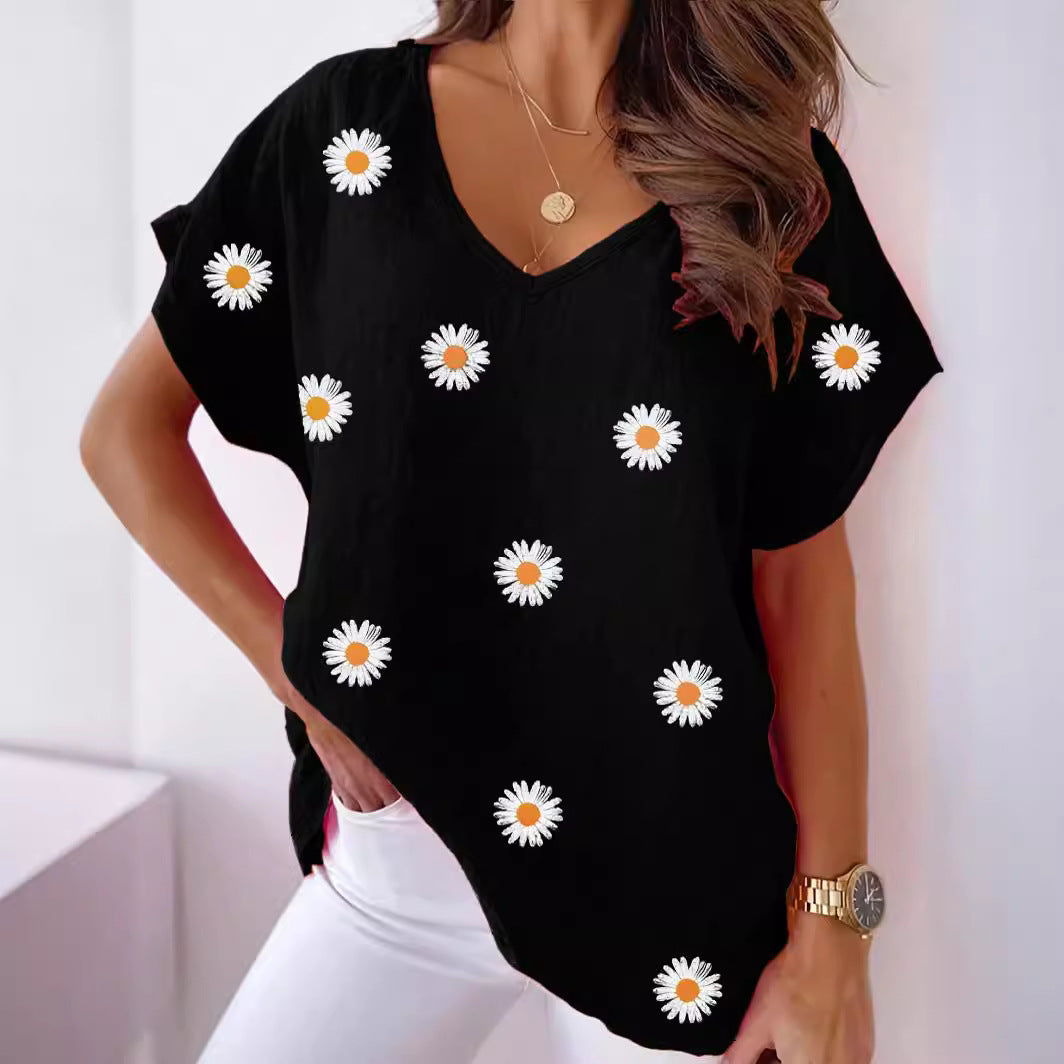 V-neck Short Sleeve Fashion Flower Print T-shirt