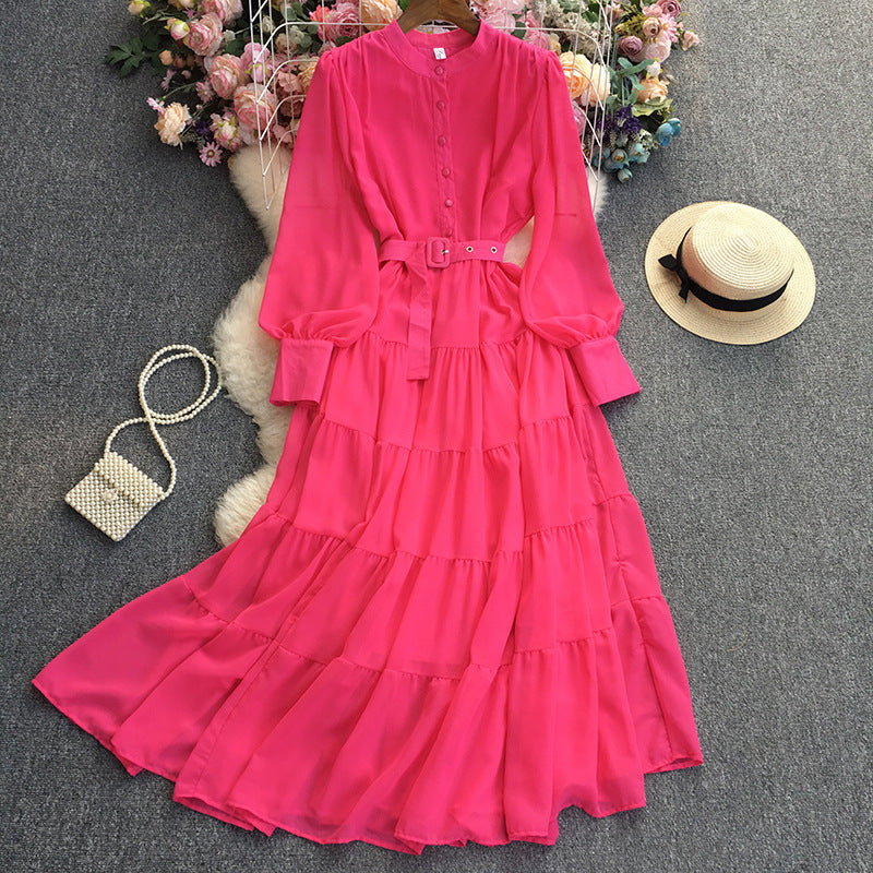 Solid Color Chiffon Long Sleeve Dress