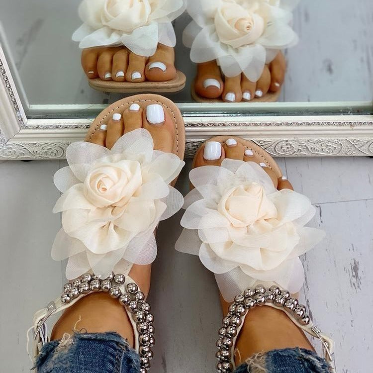 Large Size Flat Bottom Flower Sandals Bohemian Women's Beaded Fashion Comfortable Sandals