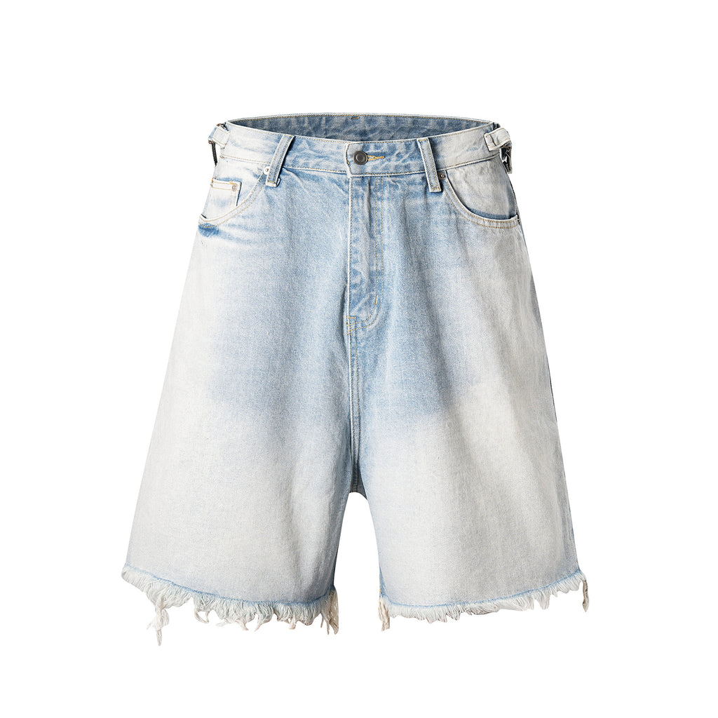 Washed Worn Hole With Cat Whisker Denim Shorts