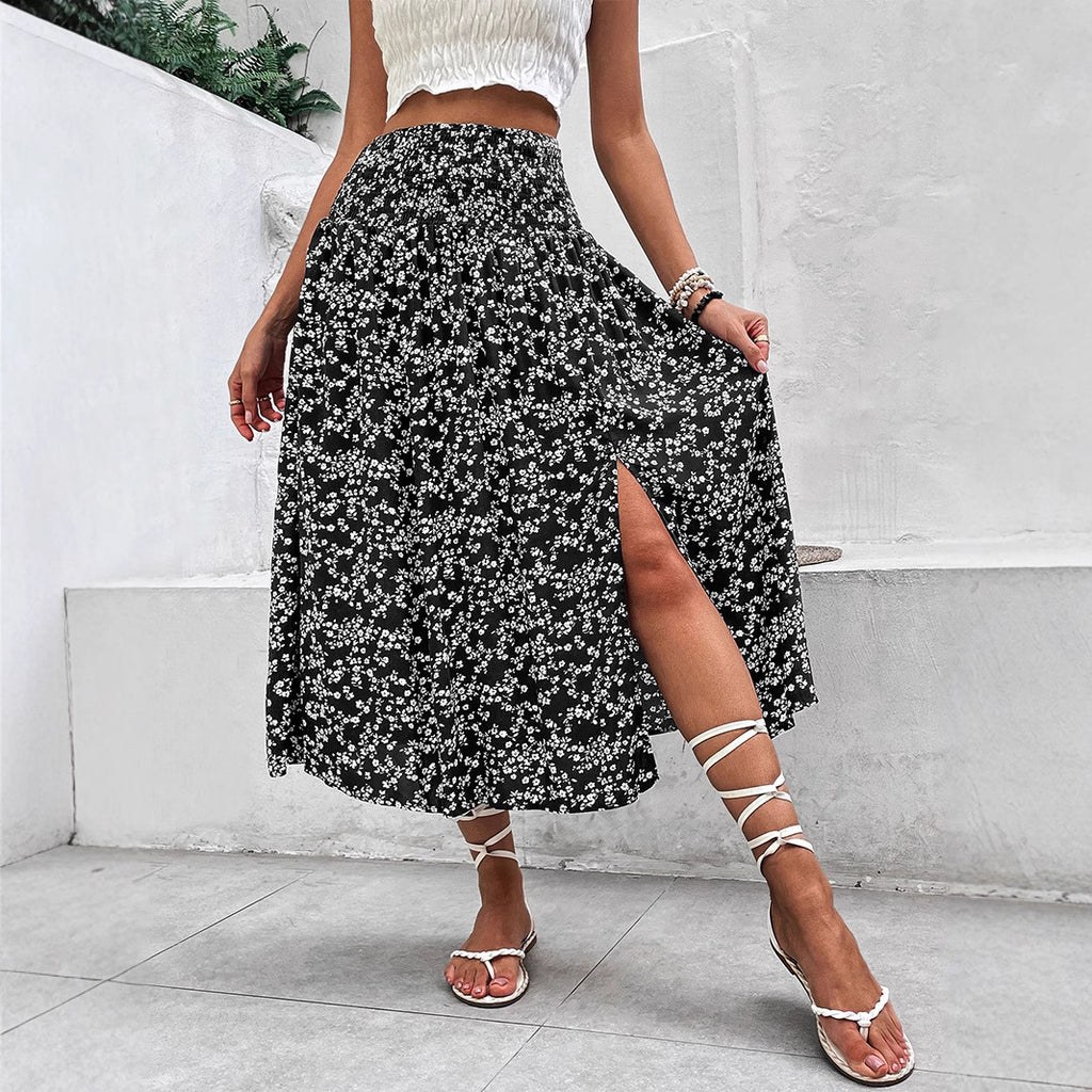 European And American Women's Clothing Casual Holiday Floral Print Split Skirt