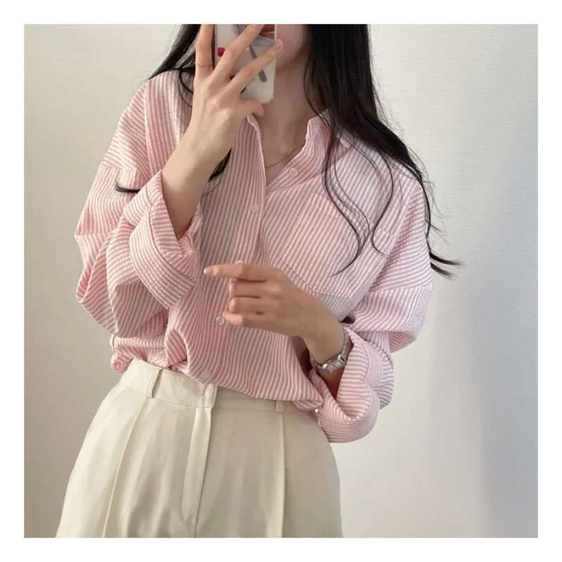 Casual Elegant High-rise Wide Striped Long Fleece Shirt Women's Top