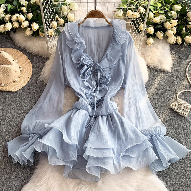 Women's Pure Color Ruffles French Style V-neck Short Skirt
