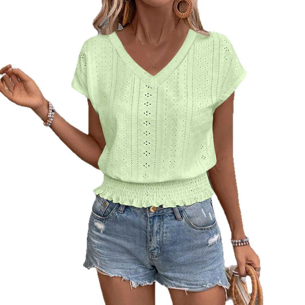 V-neck Hollow-out Smocking Short-sleeved T-shirt Casual Top