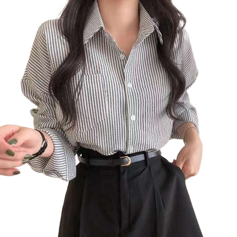 Casual Elegant High-rise Wide Striped Long Fleece Shirt Women's Top