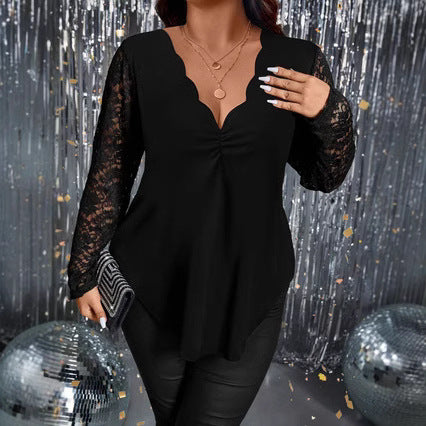 Women's Elegant Lace Wave V-neck Long-sleeved T-shirt