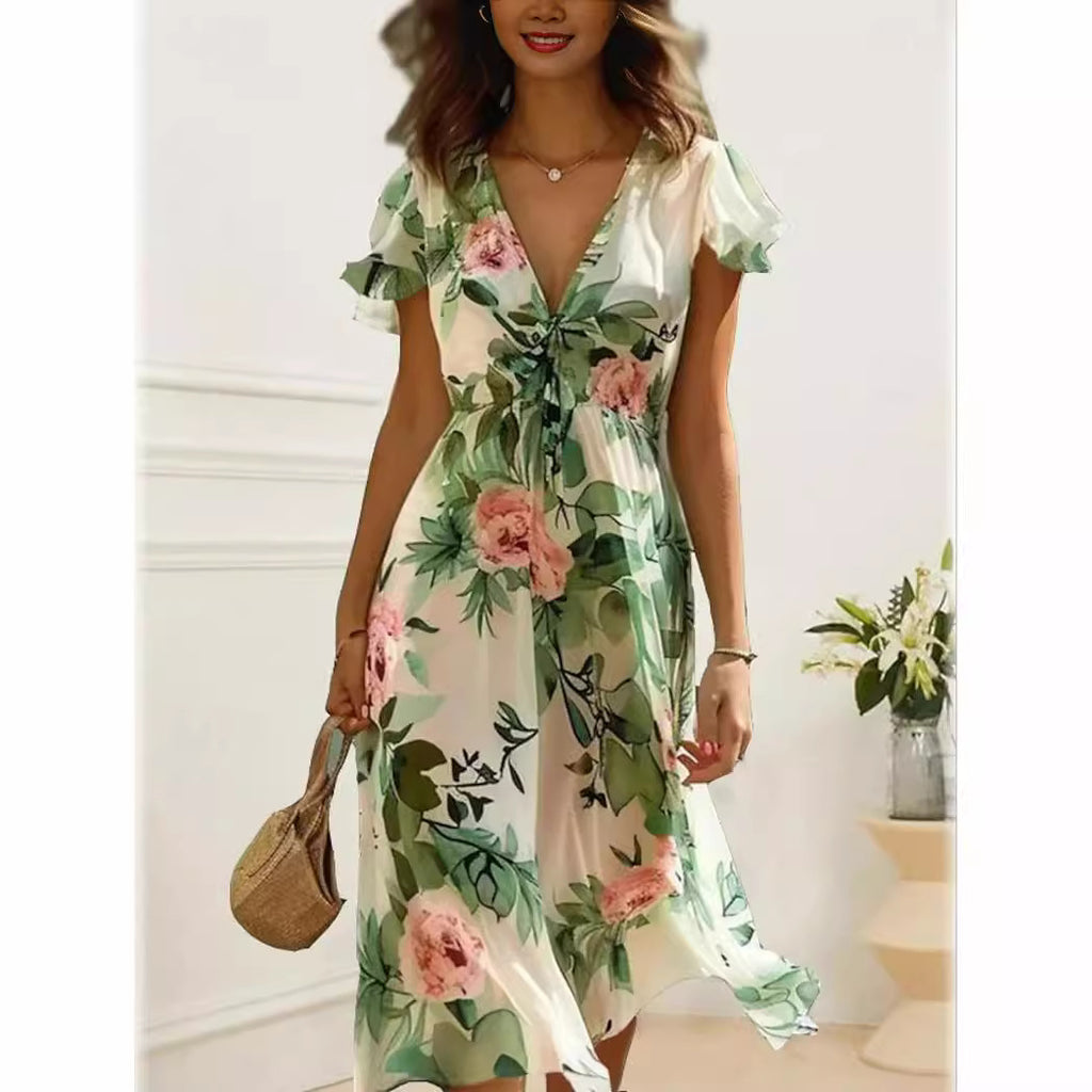 Printed Bohemian Women's V-neck Mid-length Dress