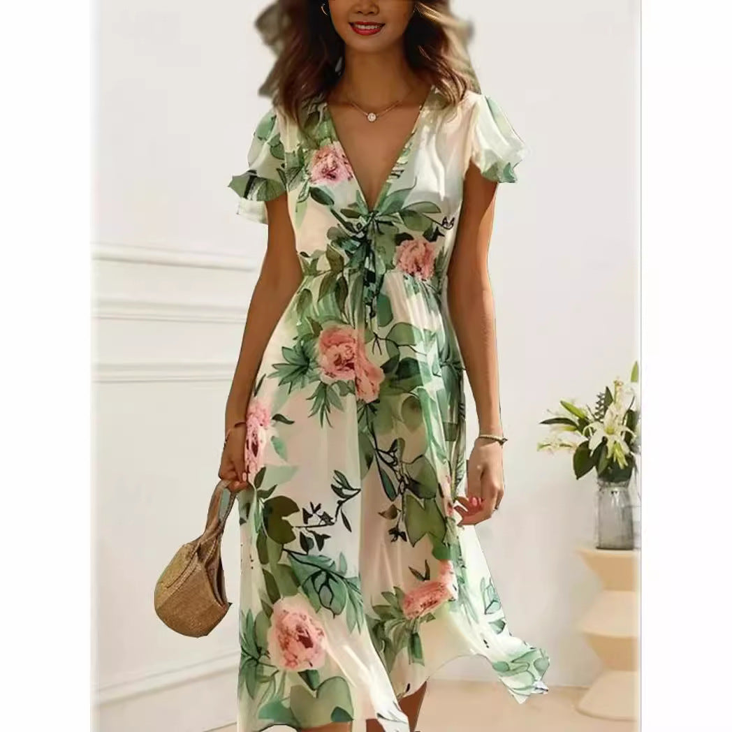 Printed Bohemian Women's V-neck Mid-length Dress