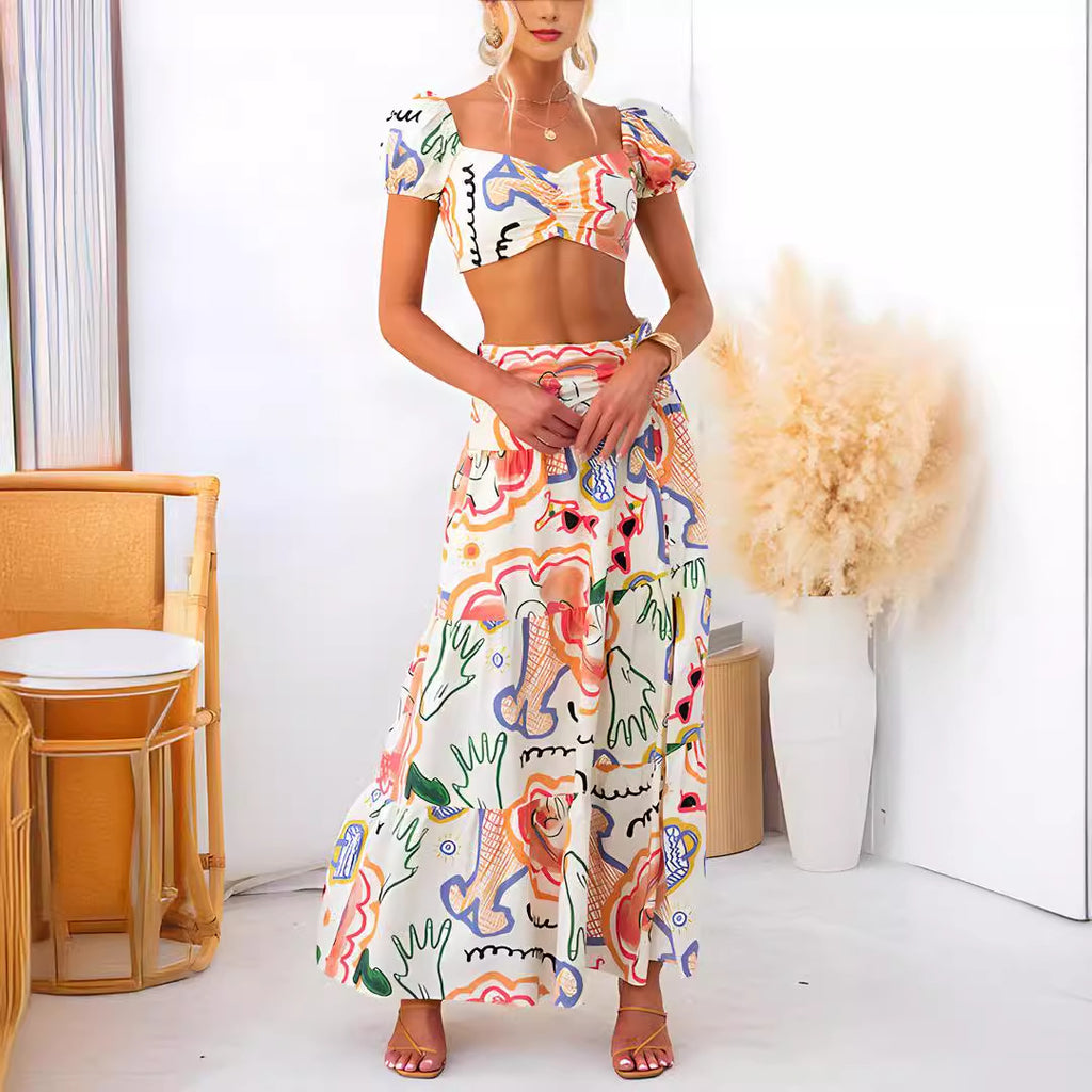 European And American Summer Printed Top Wrapped Chest Skirt Two-piece Suit