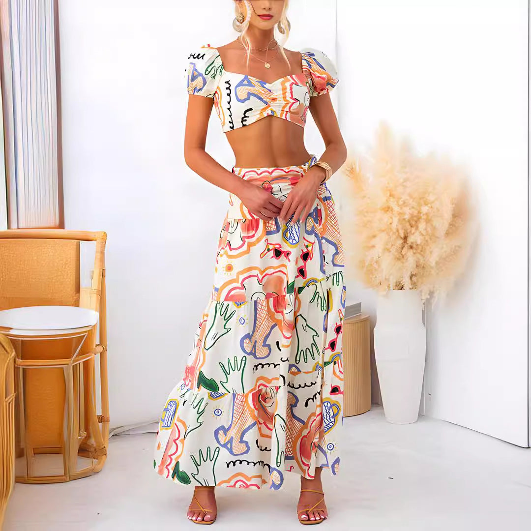 European And American Summer Printed Top Wrapped Chest Skirt Two-piece Suit