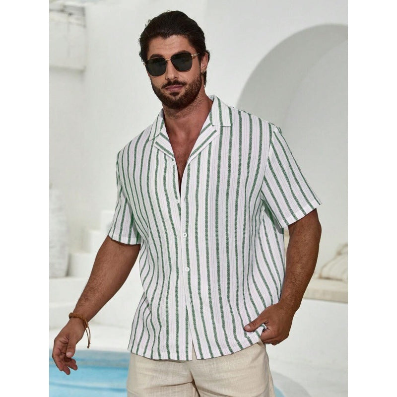 Geometric Contrast Color Striped 3D Digital Printing Short Sleeve Shirt