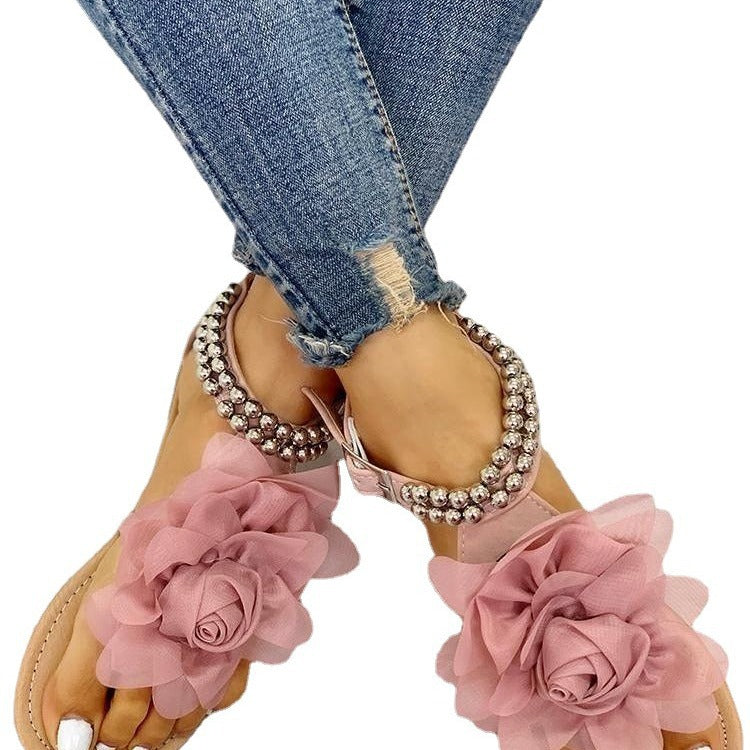 Large Size Flat Bottom Flower Sandals Bohemian Women's Beaded Fashion Comfortable Sandals