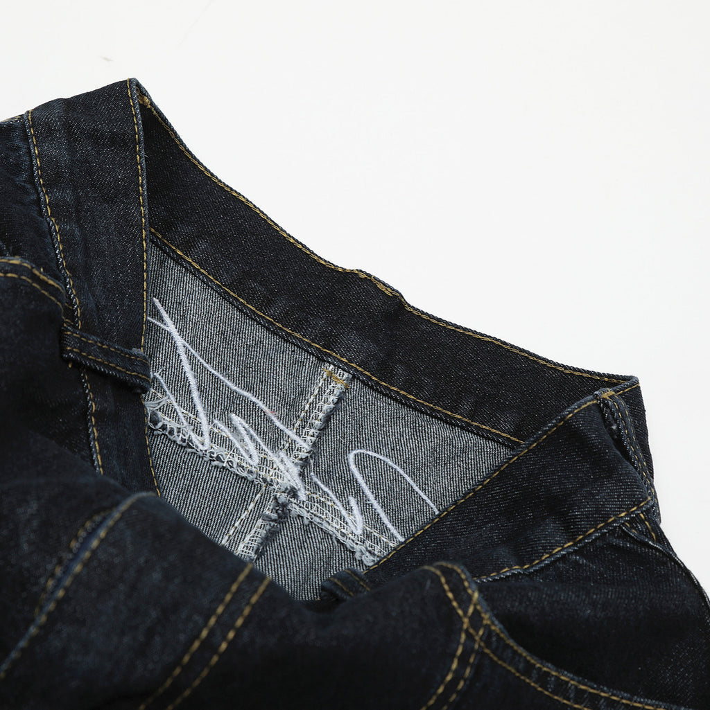 American Retro Loose Embroidered Washed Denim Trousers