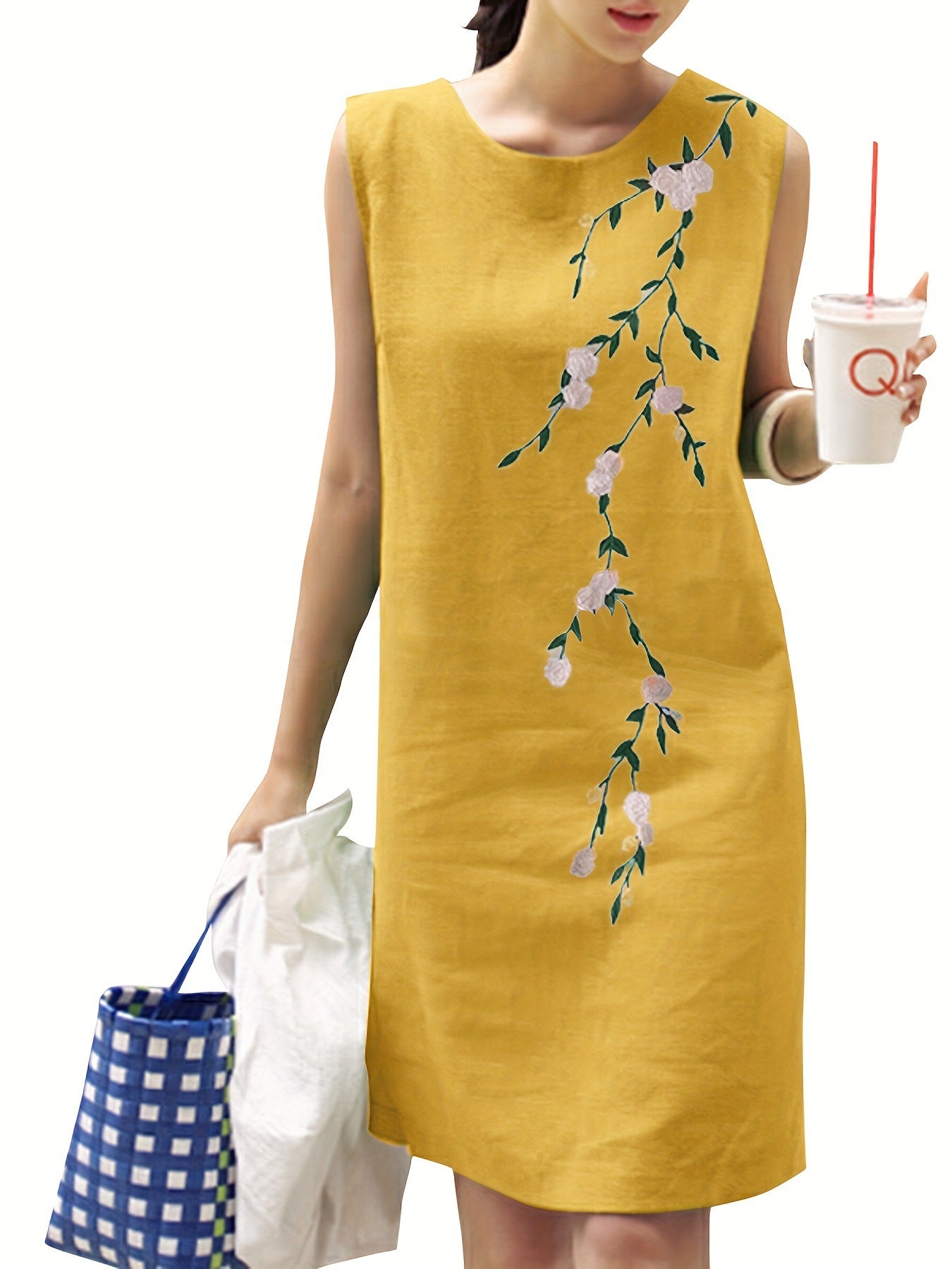 Cotton Linen Round-neck Sleeveless Embroidered Dress