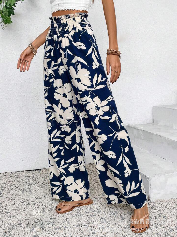 Casual Simple Comfortable High Waist Flower Print Wide Leg