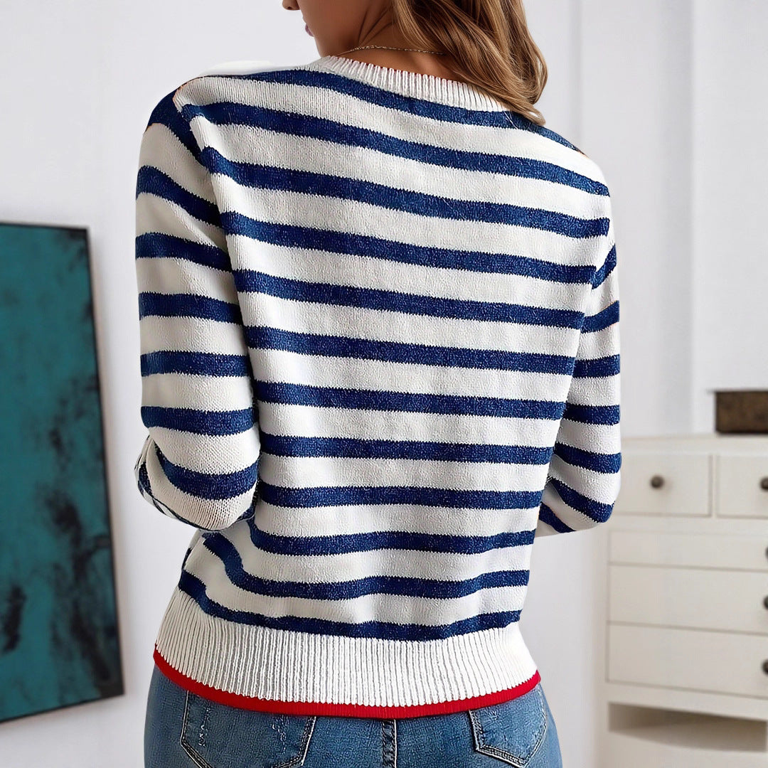 Striped Contrast Color Knitted Pullover Long Sleeve Round Neck